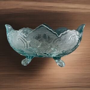 Jeanette Glass Lombardi Light Blue Footed Oval Fruit Bowl Vintage Home Decor